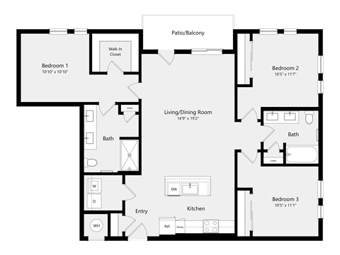 Floor plan for 3 beds, 2 baths, 1326 sqft